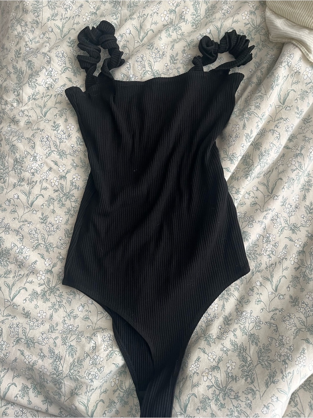 Reformation Black Ribbed One-Piece with Ruffle Straps